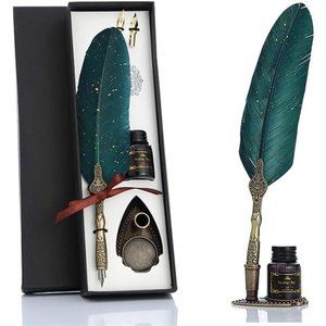 Feather Pen and Ink Set, Glittering Quill Pen Set Antique Calligraphy Dip Pen